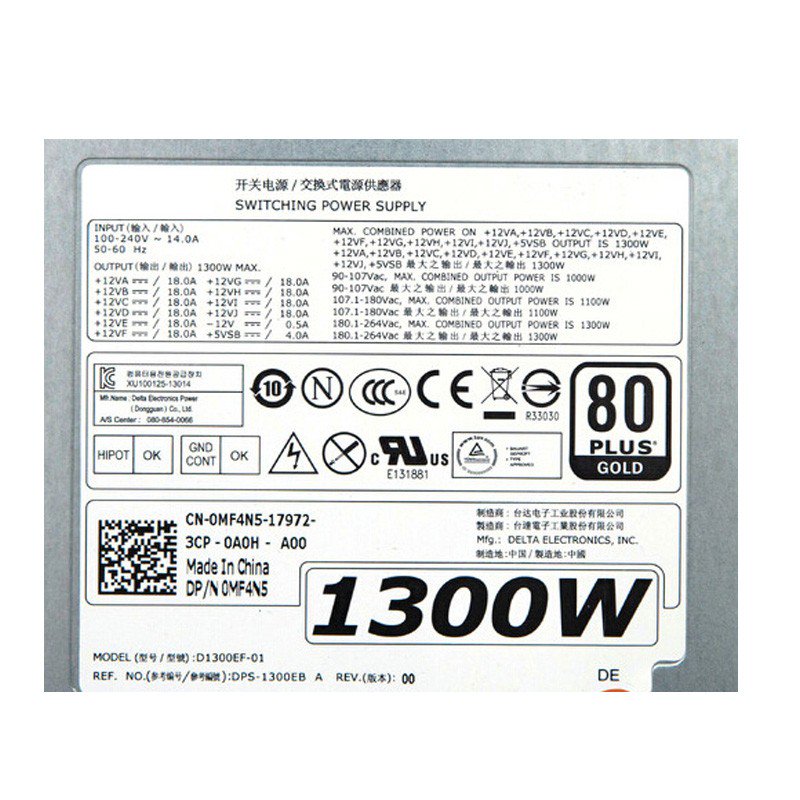For Dell Preision T7610 Power Supply 1300W D1300EF-01 MF4N5 0MF4N5