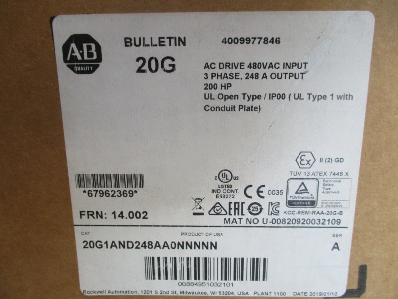 ALLEN BRADLEY 20G1AND248AA0NNNNN SER. A F/W 14.002 480VAC NSFS