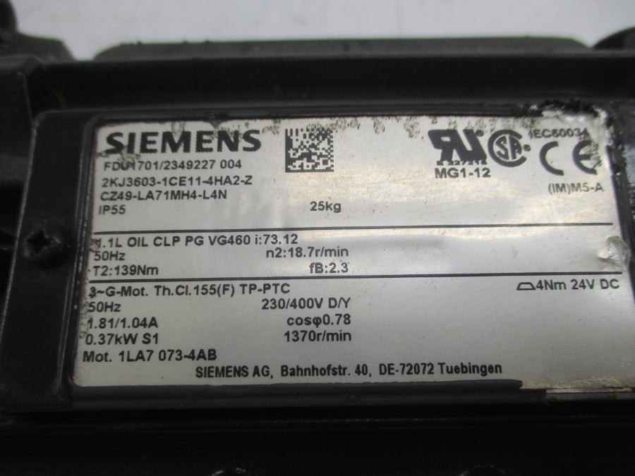 SIEMENS 2KJ3603-1CE11-4HA2-Z 230/400V 1.81/1.04A UNMP