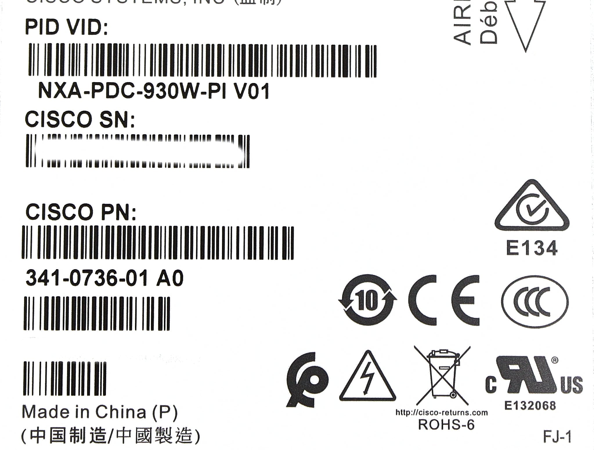 Cisco NXA-PDC-930W-PI Cisco Nexus 9000 930W DC PS, Port-side Exhaust