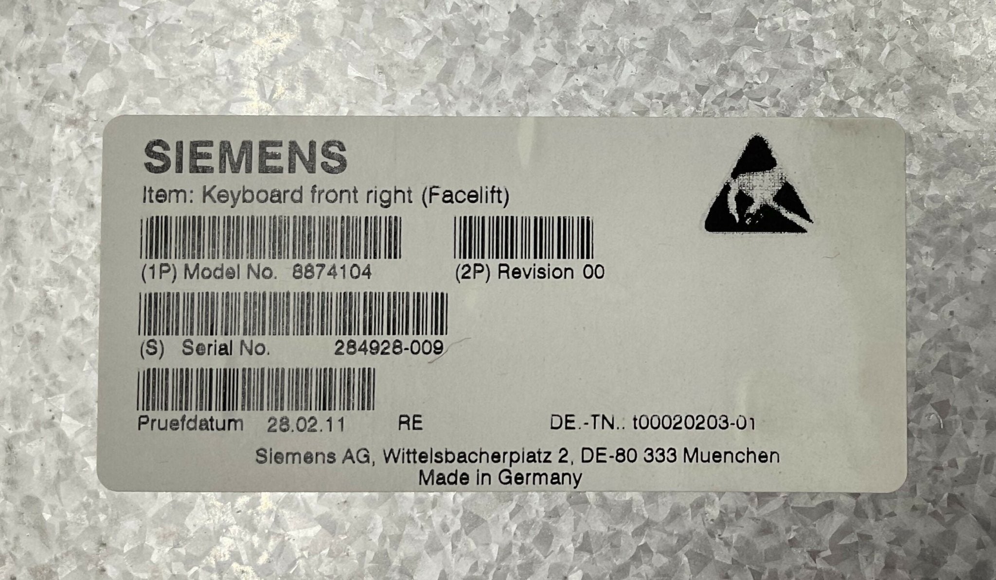 CONTROL PANEL FRONT RIGHT FACELIFT (08874104/8874104) SIEMENS