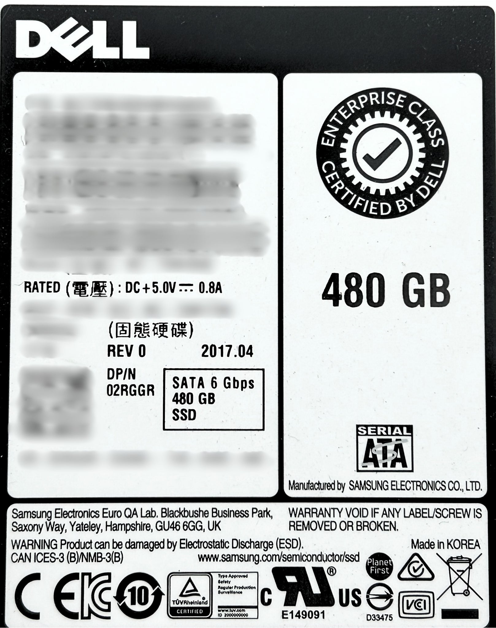 Dell 02RGGR 480GB SSD Sata 2.5 6g mu sm863a