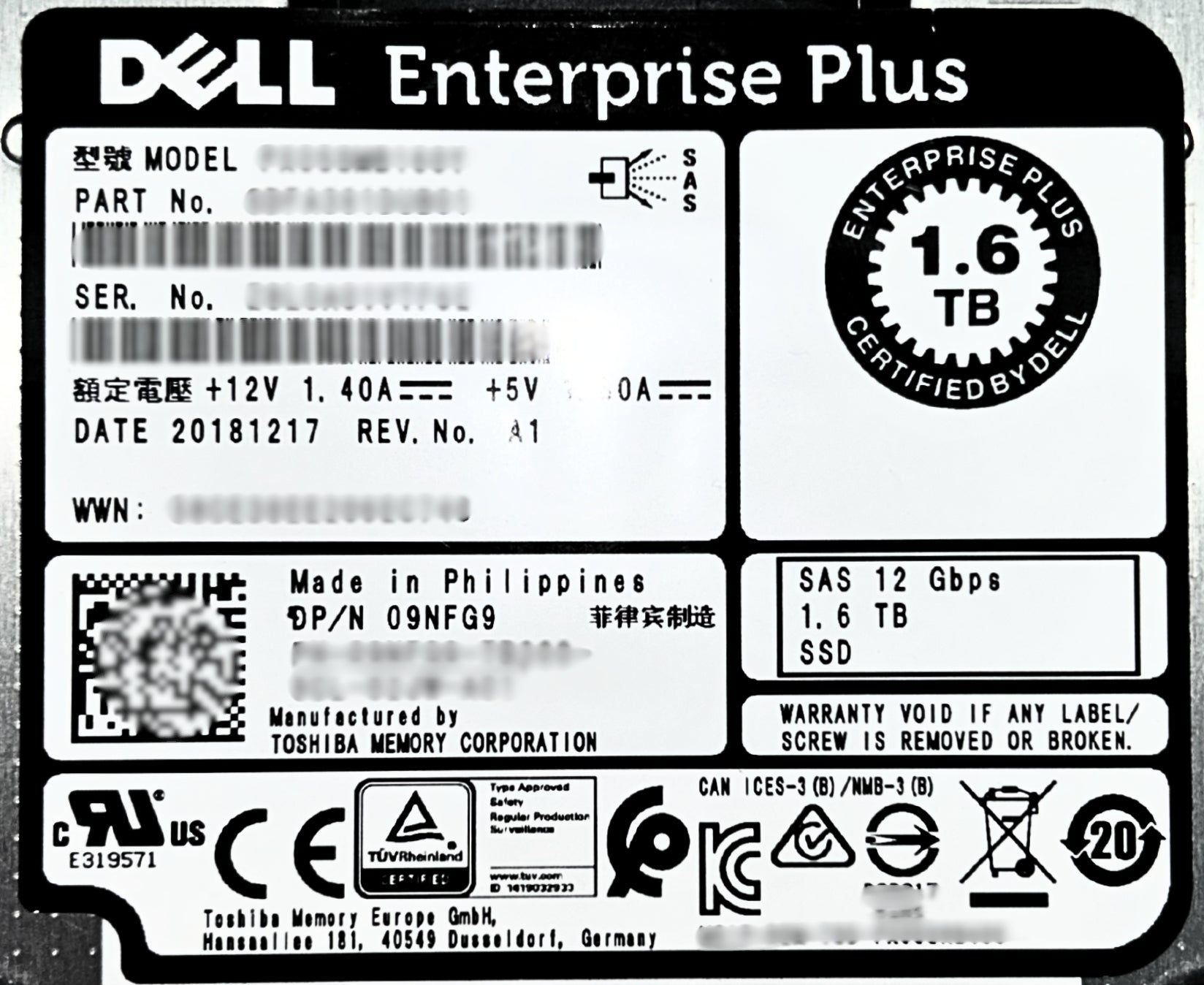 Dell 9NFG9 1.6TB SSD SAS 2.5 12G WI PX05SMB160Y / SDFA381DAB01