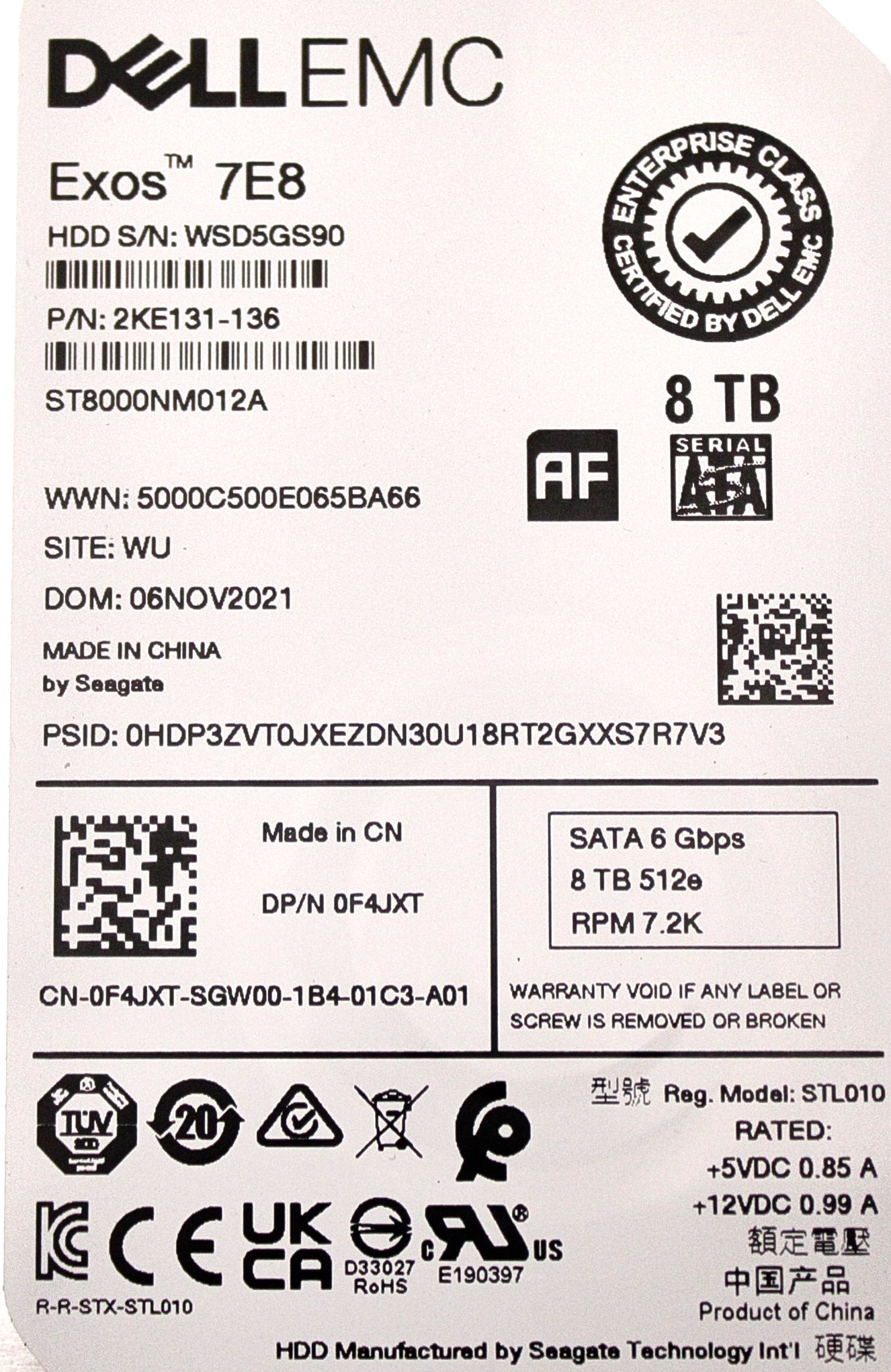 Dell F4JXT 8TB 7.2K SATA 3.5 6G 512e ISE 256g ST8000NM012A /2KE131-136