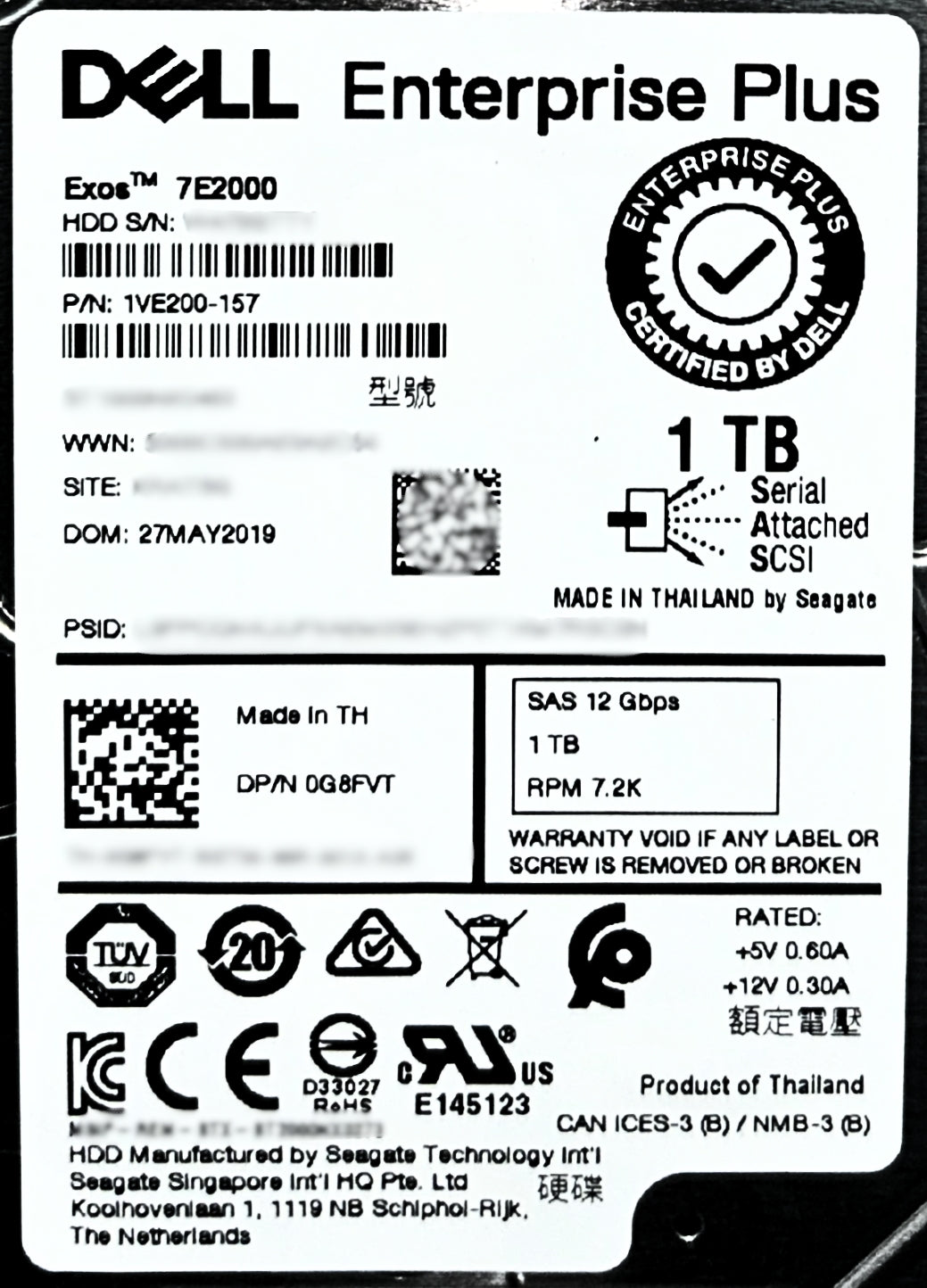 Dell G8FVT 1TB 7.2K SAS 2.5 12G HDD E+, Used