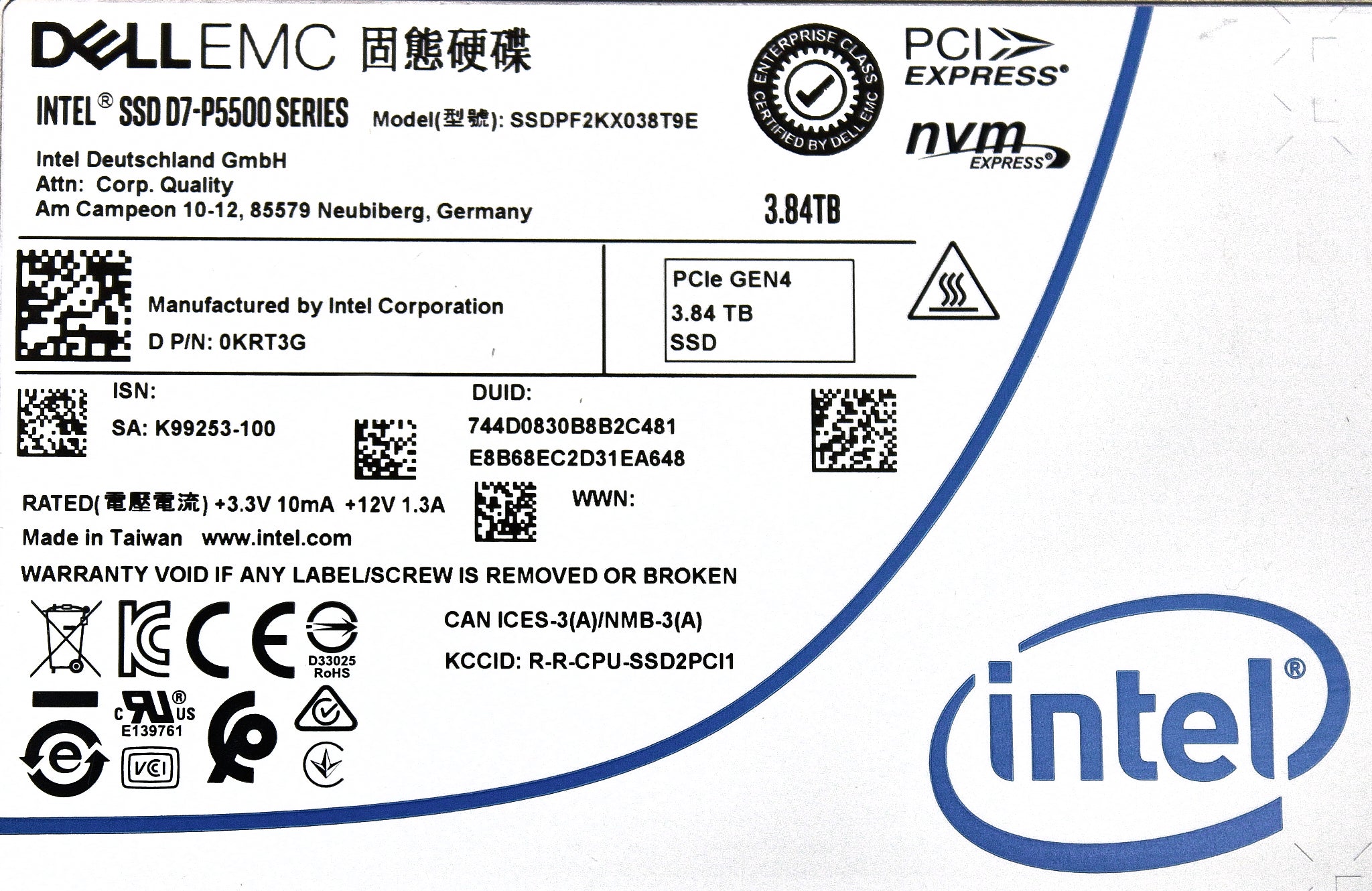 Dell KRT3G 3.84Tb SSD 2.5 U.2 PCIe Gen4 NVMe SSDPF2KX038T9E