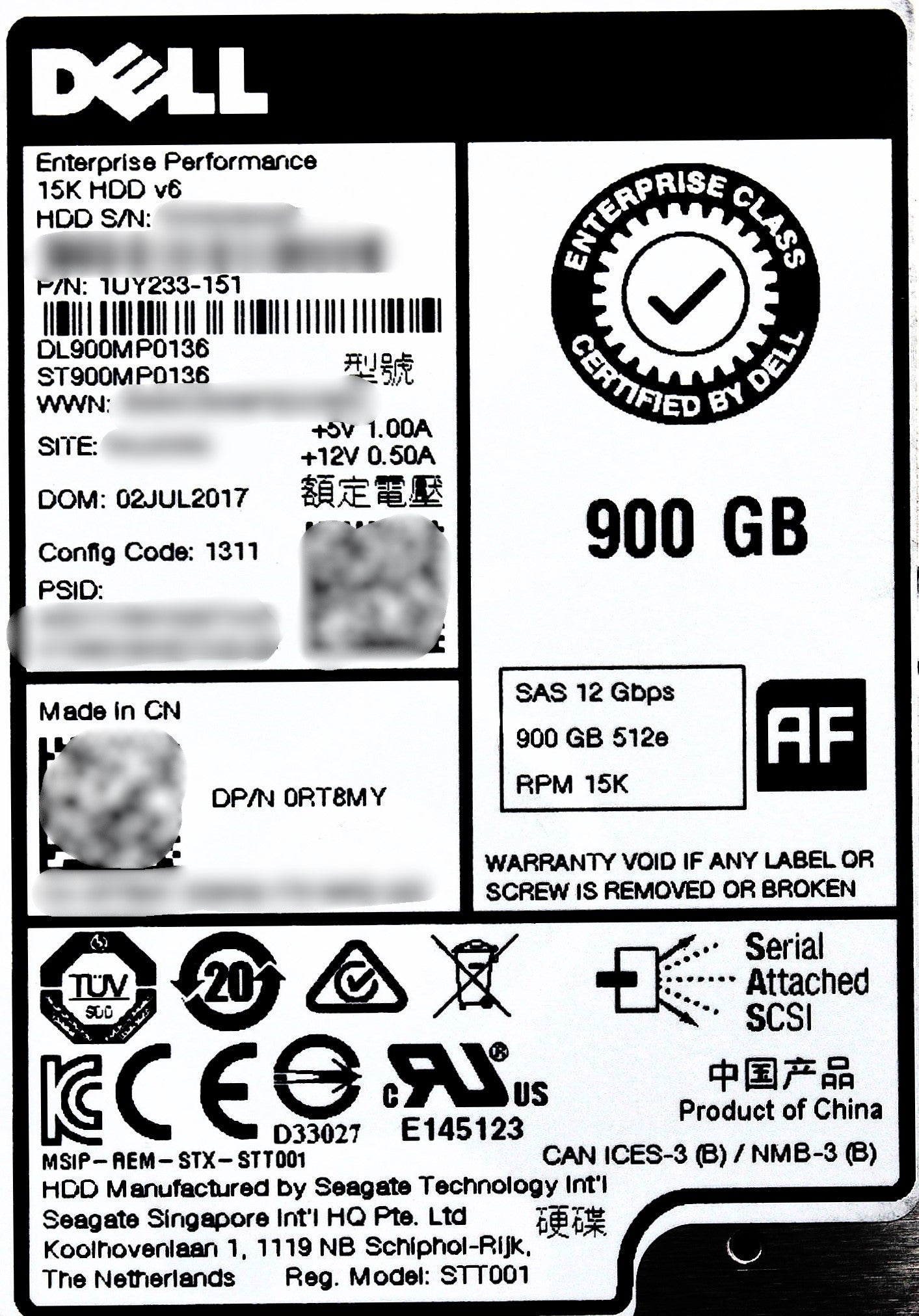 Dell RT8MY 900GB 15K SAS 2.5 12G 512e ST900MP0136 / 1UY233-151 EP