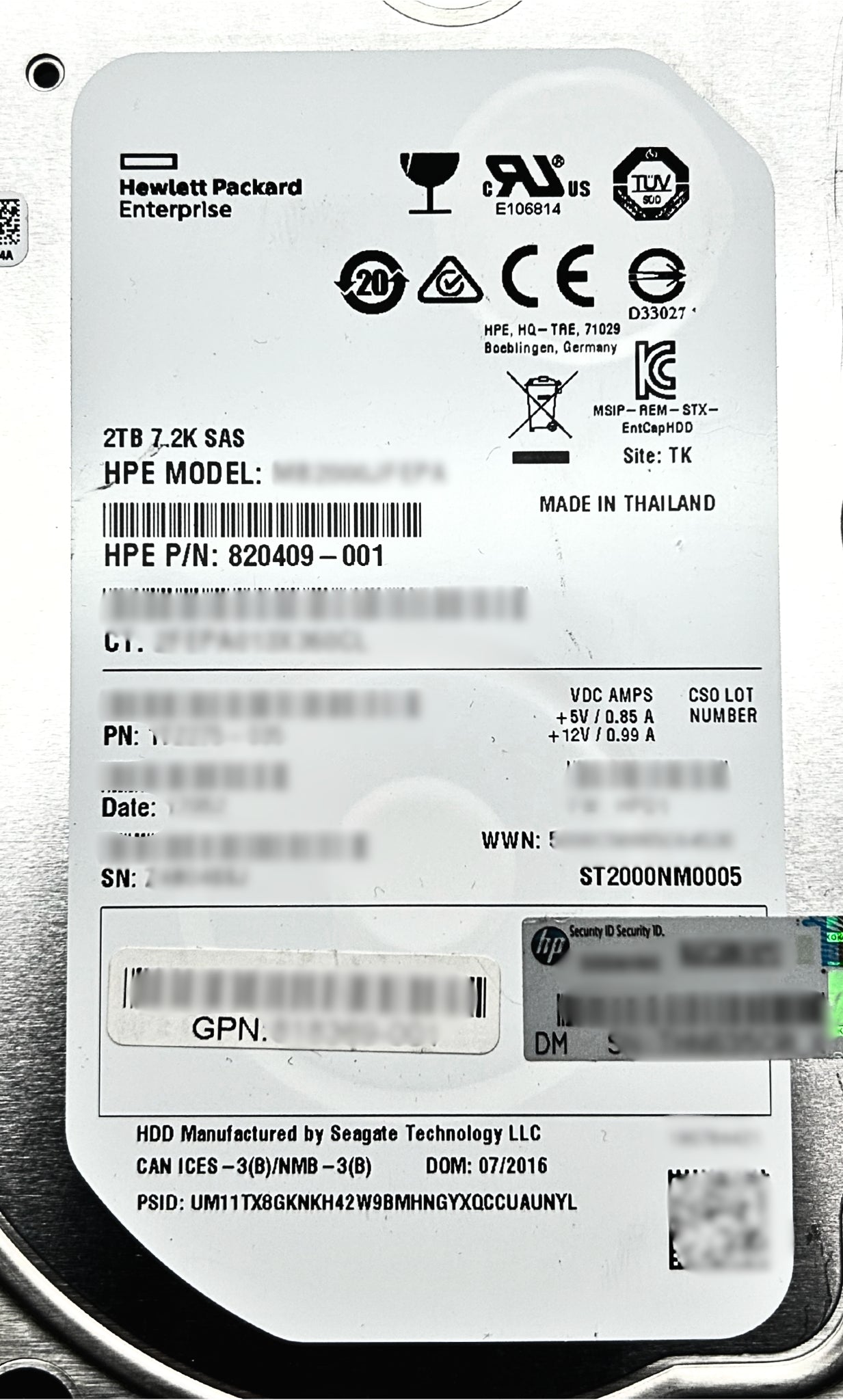 HP 820409-001 2TB 12G SAS 7.2K 3.5in MDL HDD