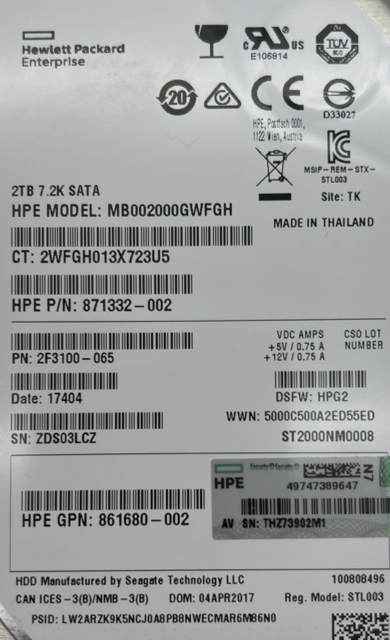 HP 862132-001 2TB 7.2K 3.5 6G SATA LP HDD