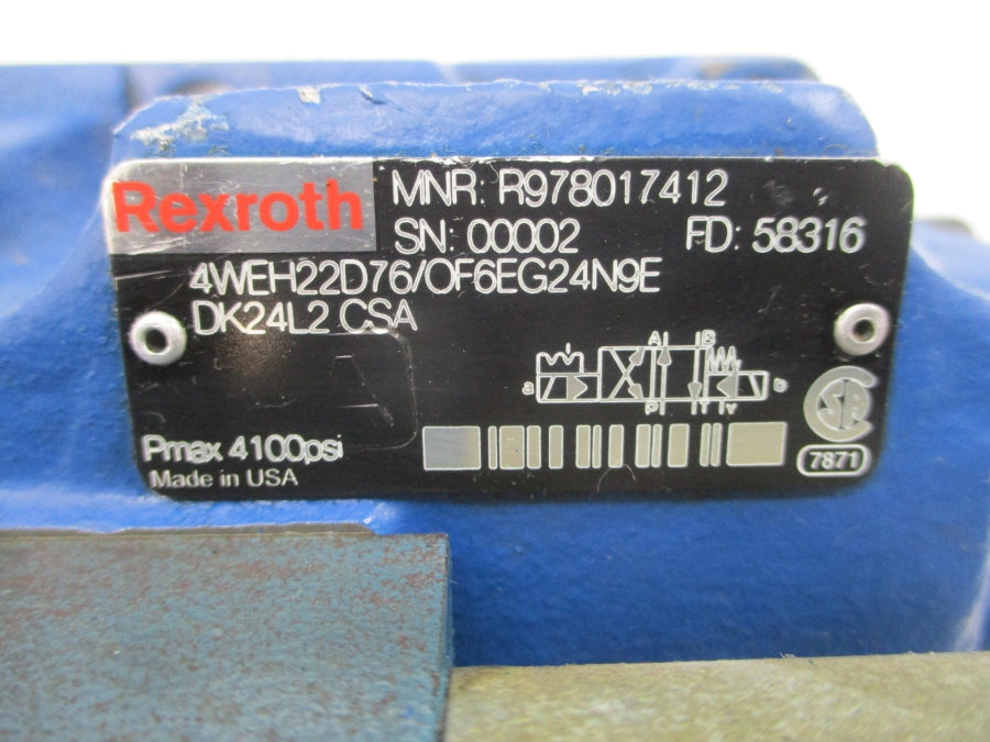 REXROTH R978017412 4WEH22D76/OF6EG24N9E 24VDC 1.25A 4100PSI UNMP
