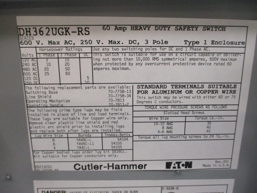 CUTLER HAMMER DH362UGK-RS 600VAC 60A NSMP