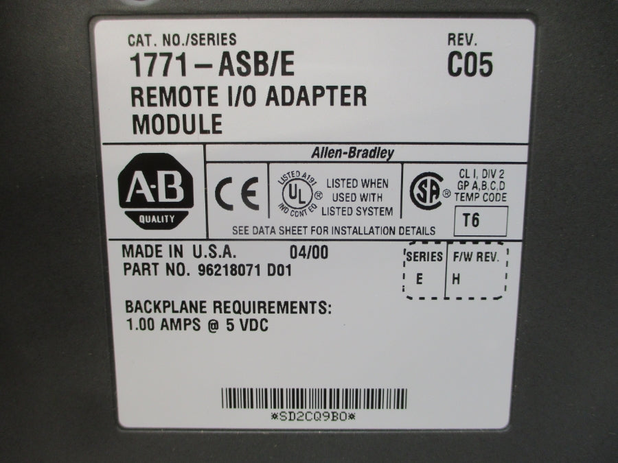ALLEN BRADLEY 1771-ASB SER. E F/W H 5VDC 1.00A REV. C05 REMAN