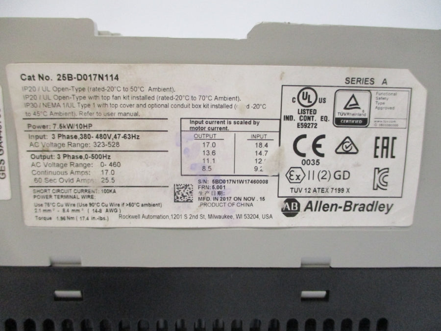 ALLEN BRADLEY 25B-D017N114 SER. A F/W 5.001 380-480VAC 17.0A NSNP