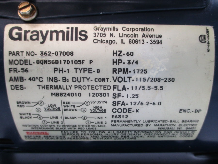GRAYMILLS 362-07008 8QN56B17D105FP 115/208-230V 11/5.5-5.5A NSNP