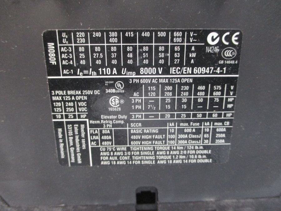 EATON XTCE080F00H 3-1820-008B 240/277V 110A NSMP