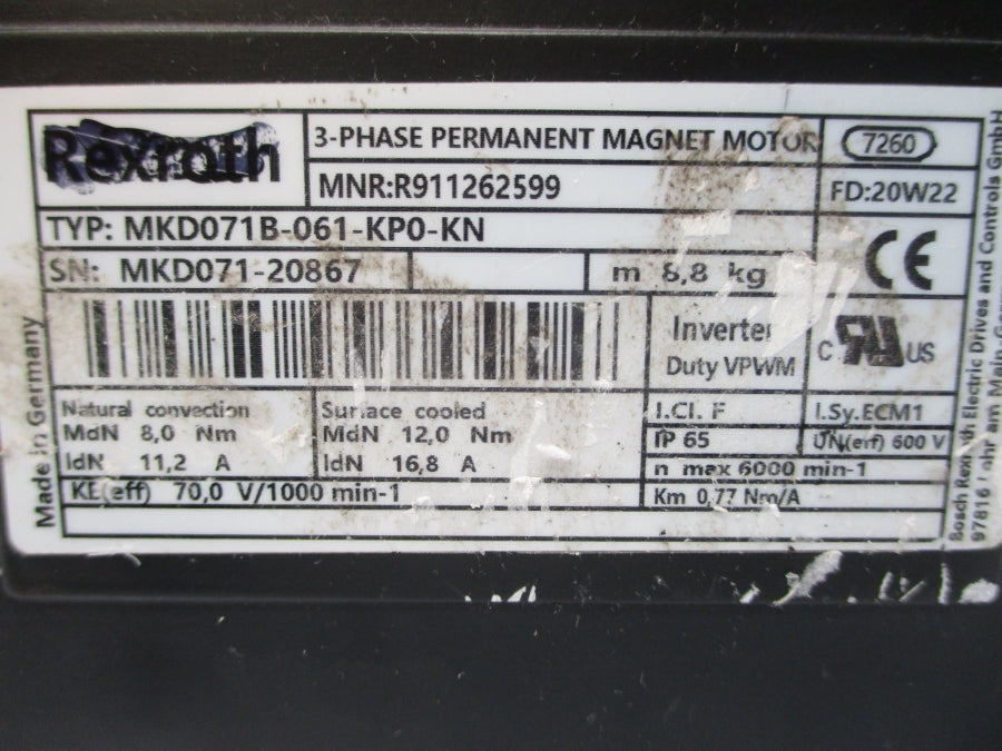REXROTH R911262599 MKD071B-061-KP0-KN 600V 11.2/16.8A NSNP