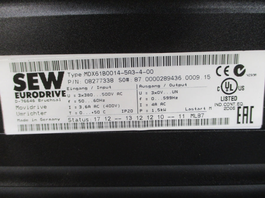 SEW EURODRIVE MDX61B0014-5A3-4-00 08277338 380-500VAC 3.6A UNMP
