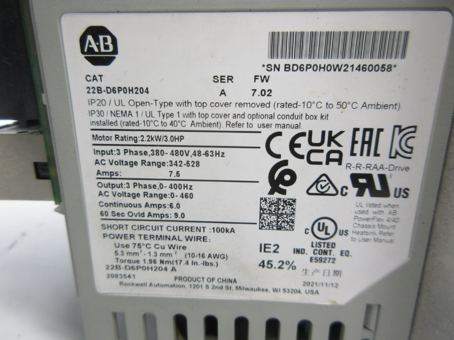 ALLEN BRADLEY 22B-D6P0H204 SER. A F/W 7.02 342-528VAC 7.5A (AS PICTURED) UNMP