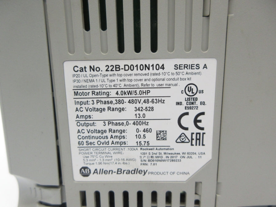 ALLEN BRADLEY 22B-D010N104 SER. A F/W 7.01 342-528VAC 13.0A NSNP