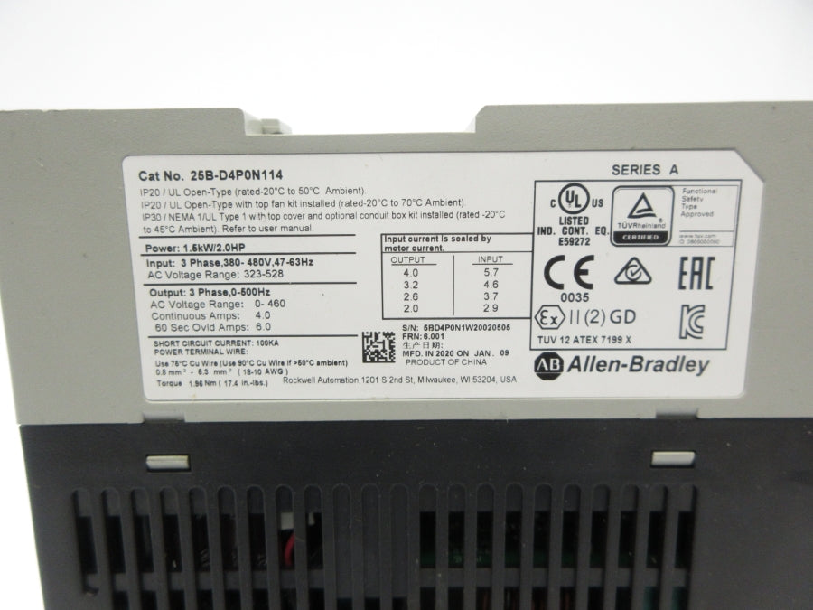 ALLEN BRADLEY 25B-D4P0N114 SER. A F/W 6.001 323-528VAC 5.7A NSNP
