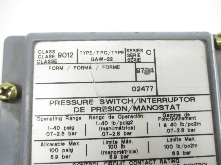 SQUARE D 9012GAW-22 SER. C 1-40PSI UNMP