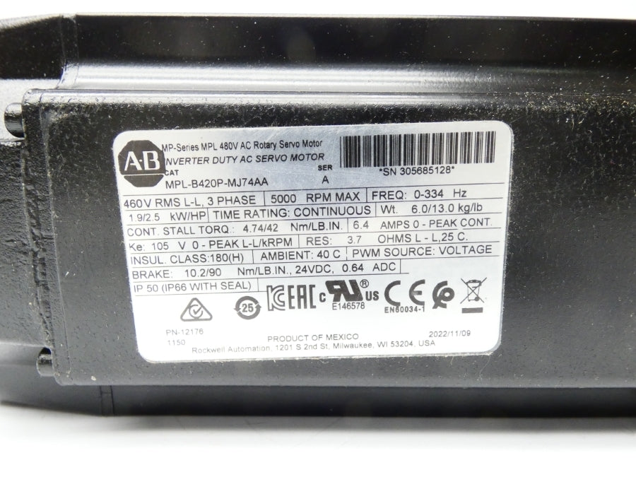 ALLEN BRADLEY MPL-B420P-MJ74AA SER. A 460V 6.4A NSMP
