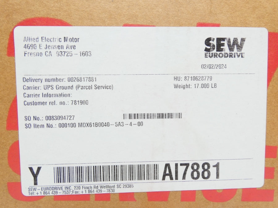 SEW EURODRIVE MDX61B0040-5A3-4-00 08243492 380-500VAC 8.6A NSMP