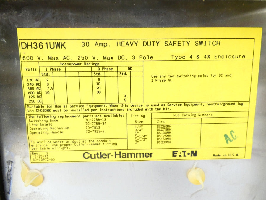 CUTLER HAMMER DH361UWK 600VAC 30A UNMP