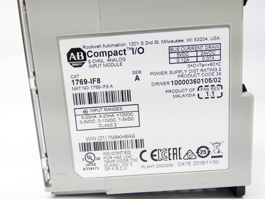 ALLEN BRADLEY 1769-IF8 SER. A F/W 1.1 VER. 02 24VDC 0.12A UNMP
