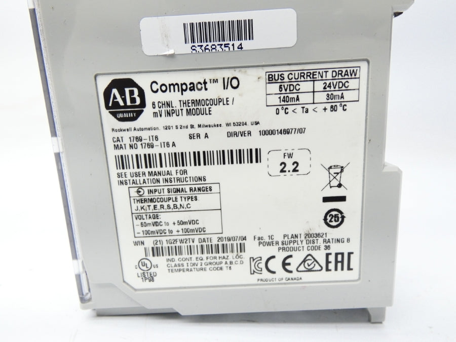 ALLEN BRADLEY 1769-IT6 SER. A F/W 2.2 VER. 07 24VDC UNMP
