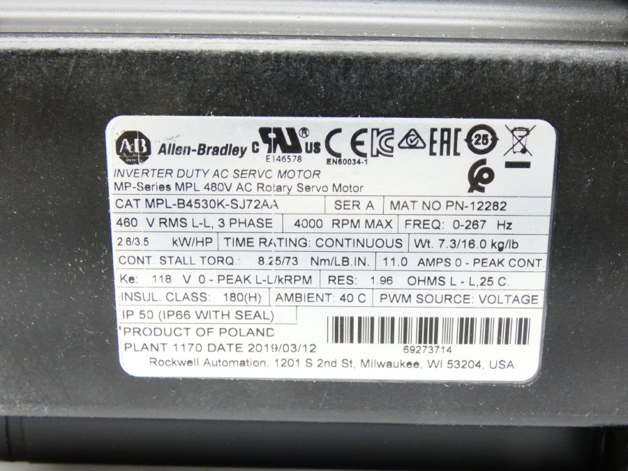 ALLEN BRADLEY MPL-B4530K-SJ72AA SER. A 480V 11A NSMP