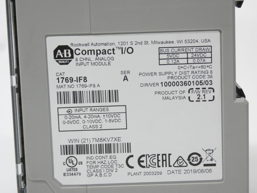 ALLEN BRADLEY 1769-IF8 SER. A F/W 2.1 VER. 03 24VDC 0.12A (NO COVER) NSNP