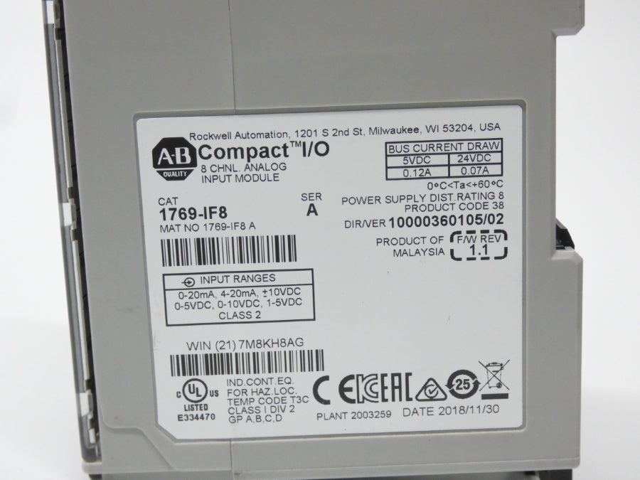 ALLEN BRADLEY 1769-IF8 SER. A F/W 1.1 VER. 02 24VDC 0.12A UNMP