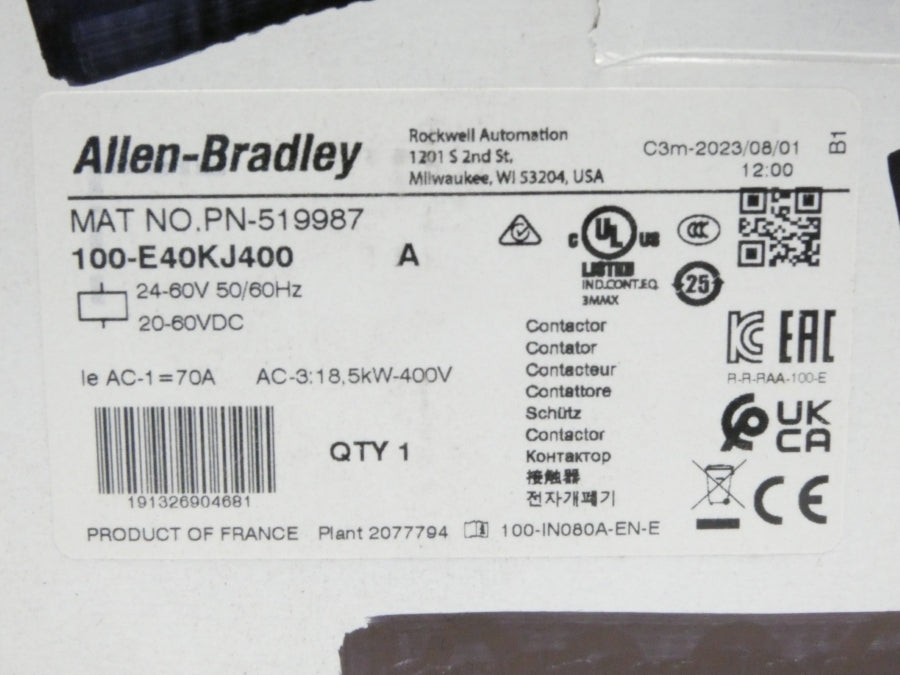 ALLEN BRADLEY 100-E40KJ400 SER. A 24-60VDC 70A (WH) NSMP