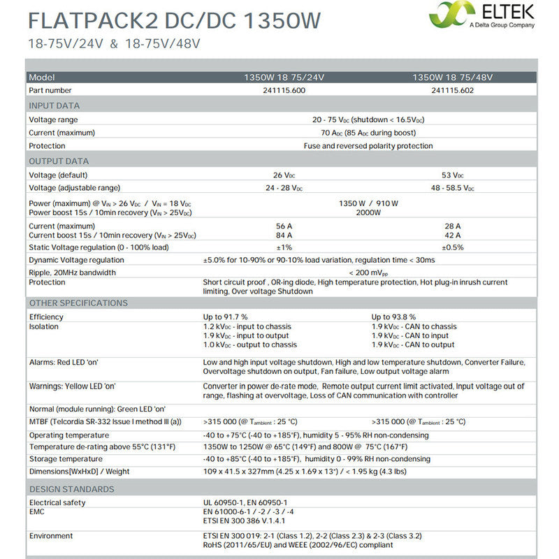 Eltek Flatpack2 HE DC/DC 1350W 18-75V/24V Converter Eltek Rectifier Module FP2 24V 48V DC Power Supply (241115.600/24111