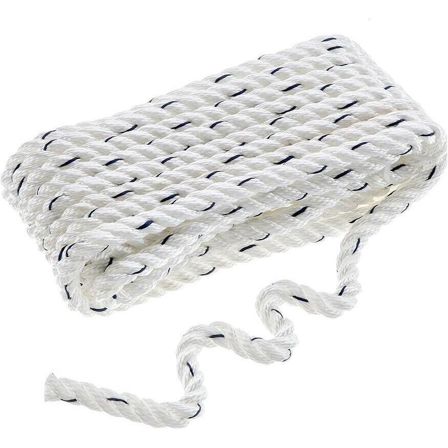 Seachoice 47531 Premium 3-Strand Twisted Nylon Dock Line, White w/ Blue Tracer, 3/8" x 25'