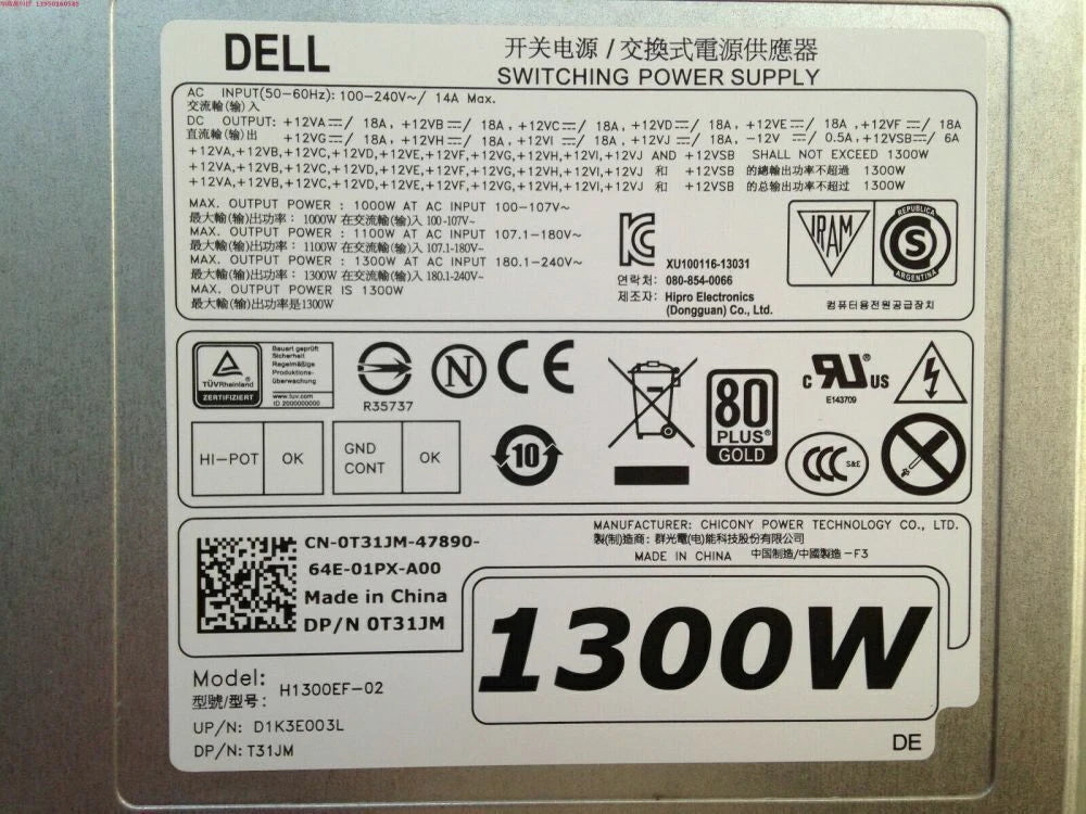 H1300EF-02 1300w server PSU For DELL T7910 T5810 T7810 0FT7T6 T31JM 0V5K16 DHL|276792092021