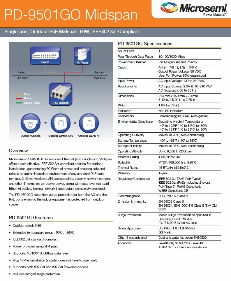 Microsemi New PD-9501GO/AC Outdoor Gigabit PoE Midspan, 60W, 802.3at, IP66, US