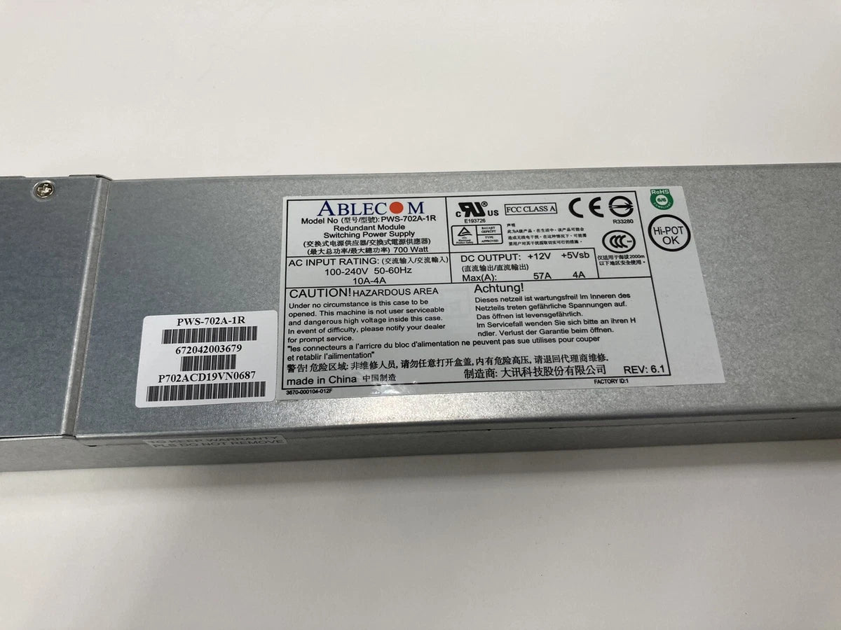 Ablecom SuperMicro PWS-702A-1R 700W Redundant Switching Power Supply With Cable|393695270386