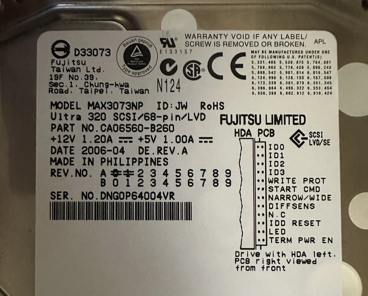 Fujitsu MAX3073NP 73GB 68 Pin 15K RPM Wide SCSI  CA06560-B260 Low Power on Hours|156329970814