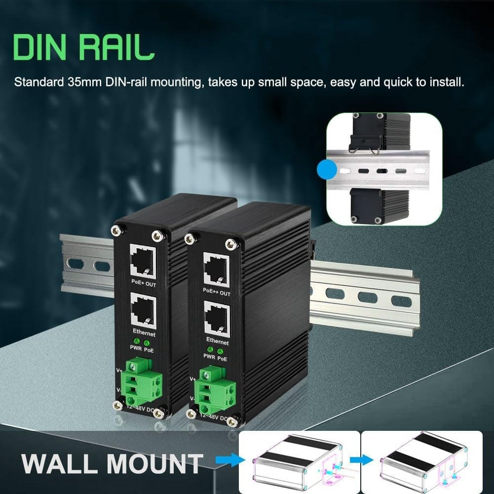 Industrial 60W PoE Injector Gigabit IEEE802.3at 48V DC 12-48V DIN Rail Mount|297615711629