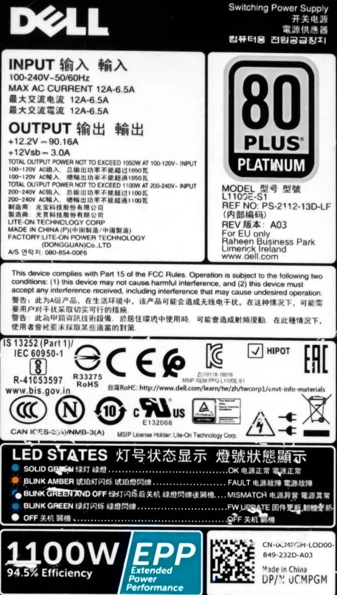 Server Power Supply Dell 0CMPGM 1100WATT L1100E-S1 Hot-Swap C4130 R430 R720 R820|397229385372