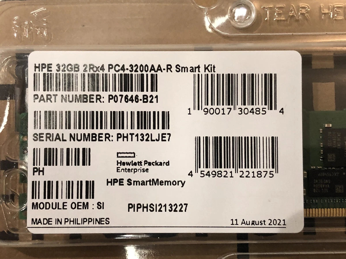 HPE 32GB 2Rx4 DDR4 PC4-3200AA-R Reg Dual Rank ECC Smart Server Memory Ram Kit