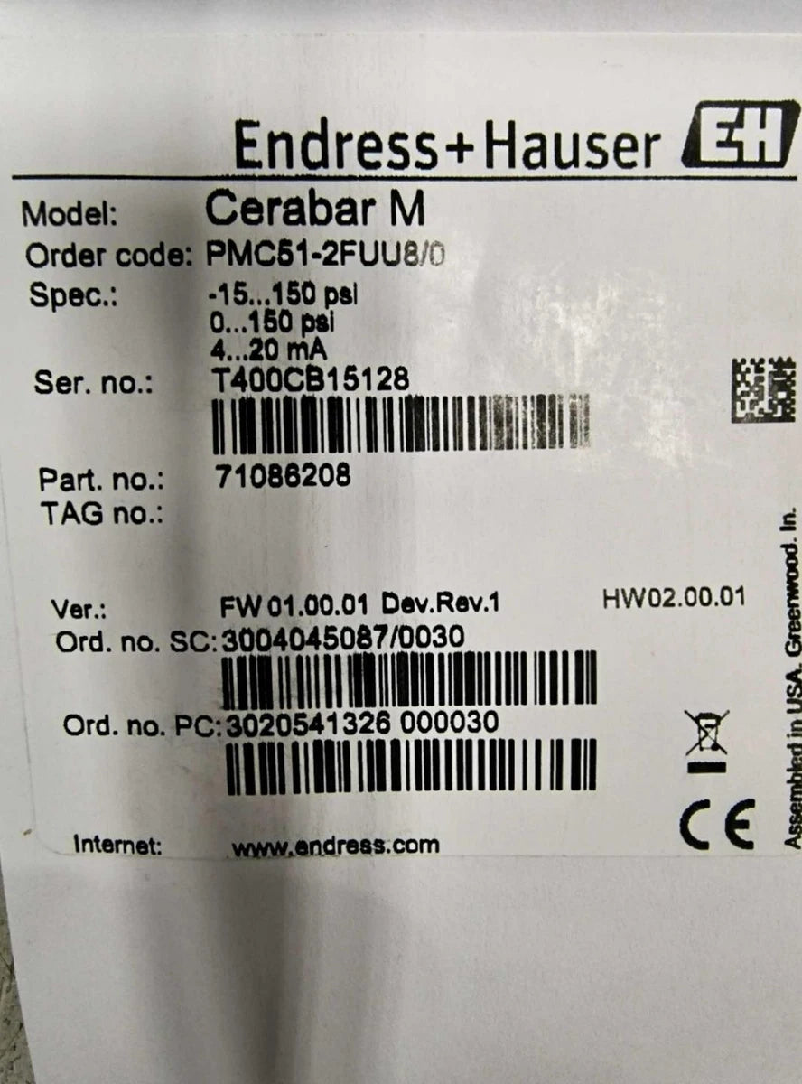 Endress Hauser Cerabar M Pressure Transducer PMC51-AA12ID1PGFR1JA 71086208|266469036438