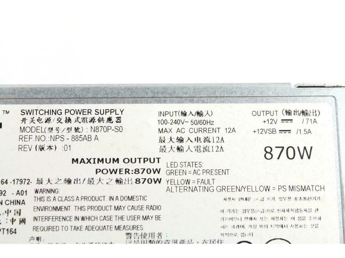 For Dell N870P-S0 NPS-885AB A 870W Server Power Supply 0YFG1C YFG1C 07NVX8 USA|276667680920