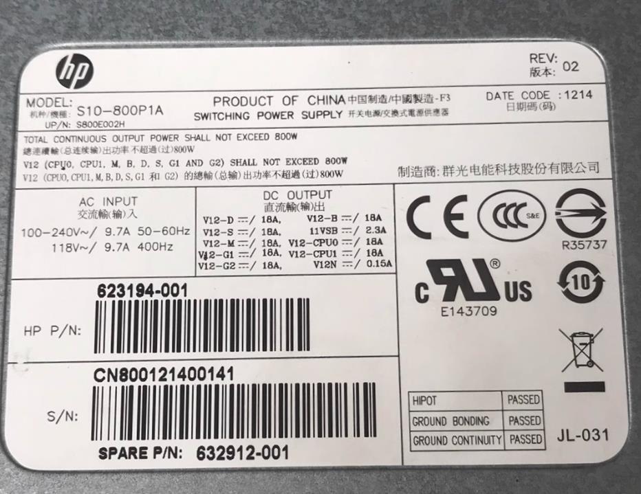 1pc used HP Z620 Power supply 623194-002 717019-001 S10-800P1A 800W