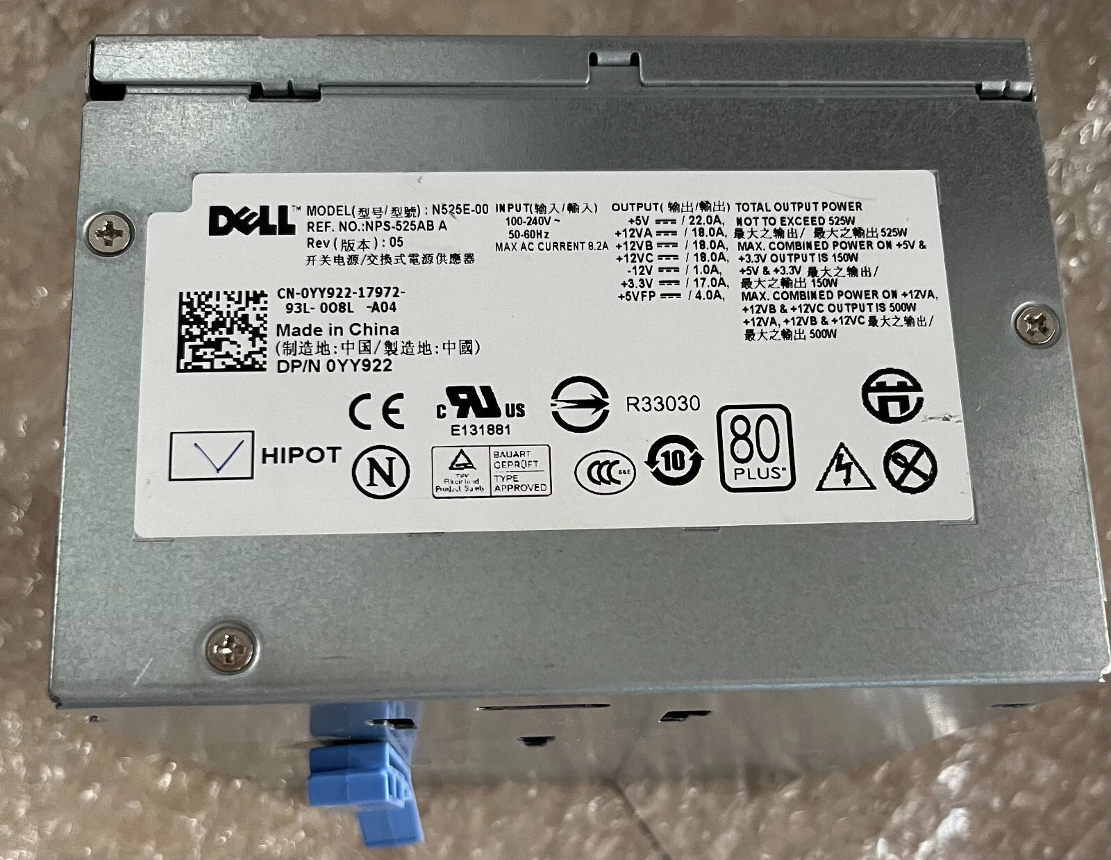 YY922 DELL POWER SUPPLY 525W T410 T3400 390 380 M331J YN637 H525E-00 |284004990716