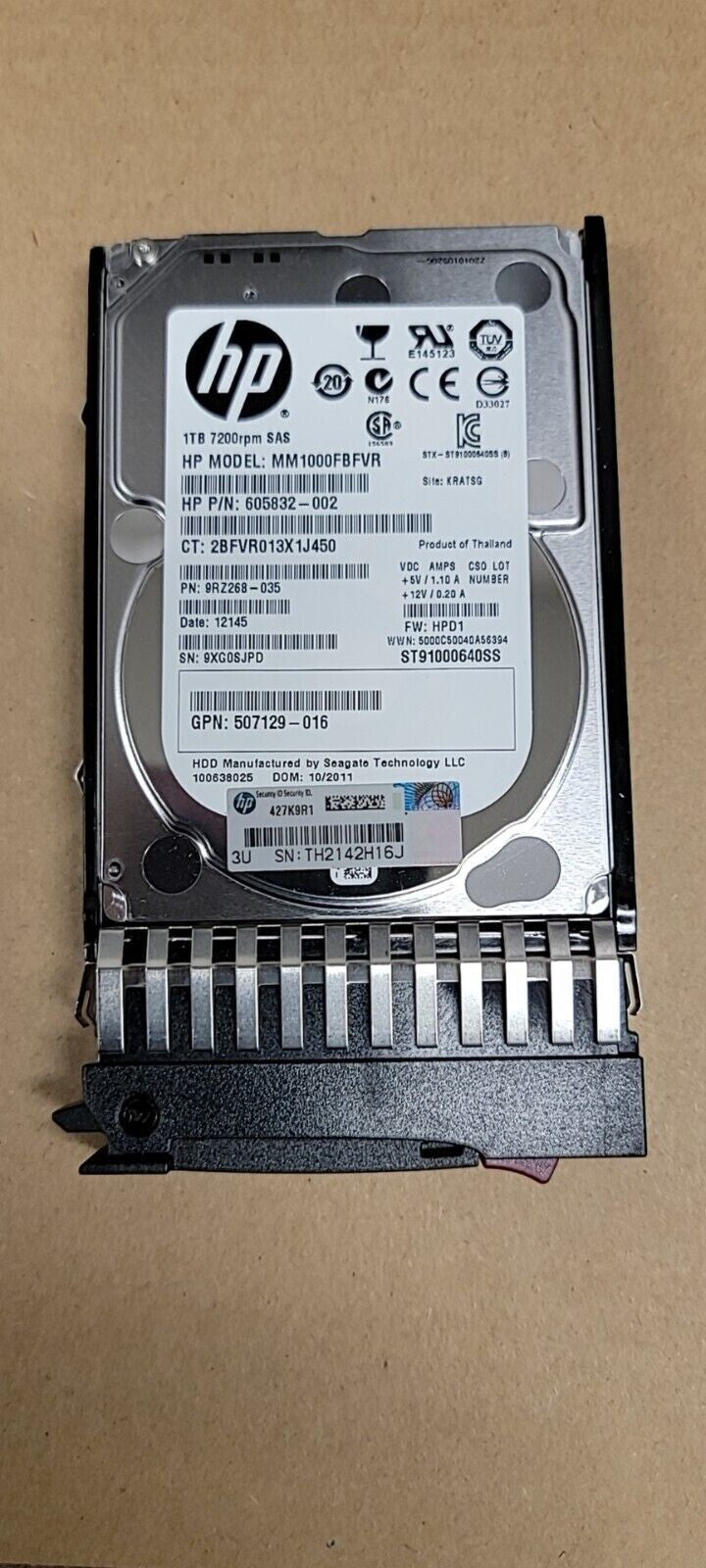 HP 1TB 7200RPM SAS MM1000FBFVR 605832-002 9RZ268-035 6Gbs 2.5" with Tray