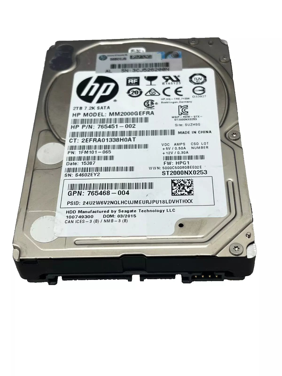 Unidad de disco duro HP SATA de 2 TB de 2,5" 6G, 7,2 K 765468-004 MM2000GEFRA 765451-002