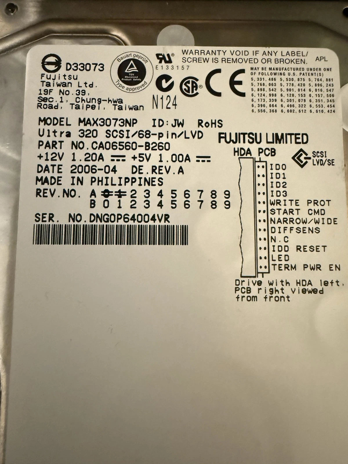 Fujitsu MAX3073NP 73GB 68 Pin 15K RPM Wide SCSI  CA06560-B260 Low Power on Hours|156329970814